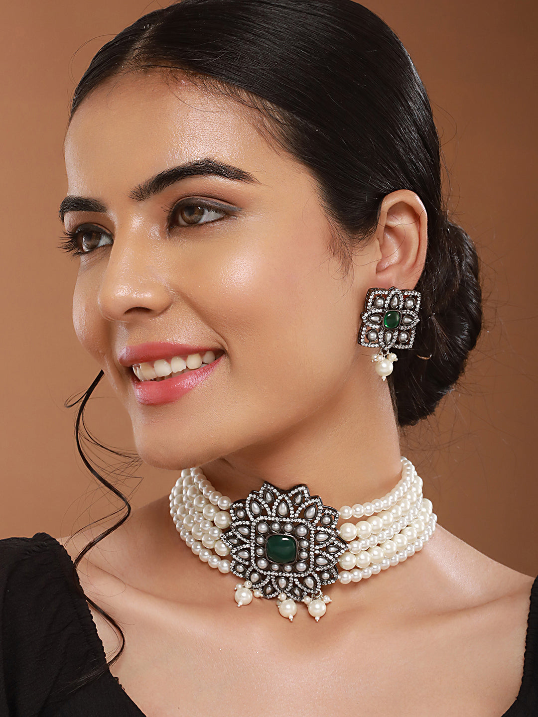 Silver Oxidised Victorian AD Studded Pearl Beaded Luxe Choker Jewellery Set